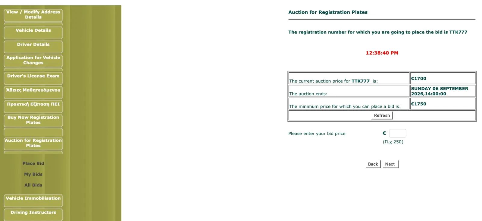 The bidding screen in the RTD plate auction: current price, closing time, minimum bid and the amount field.