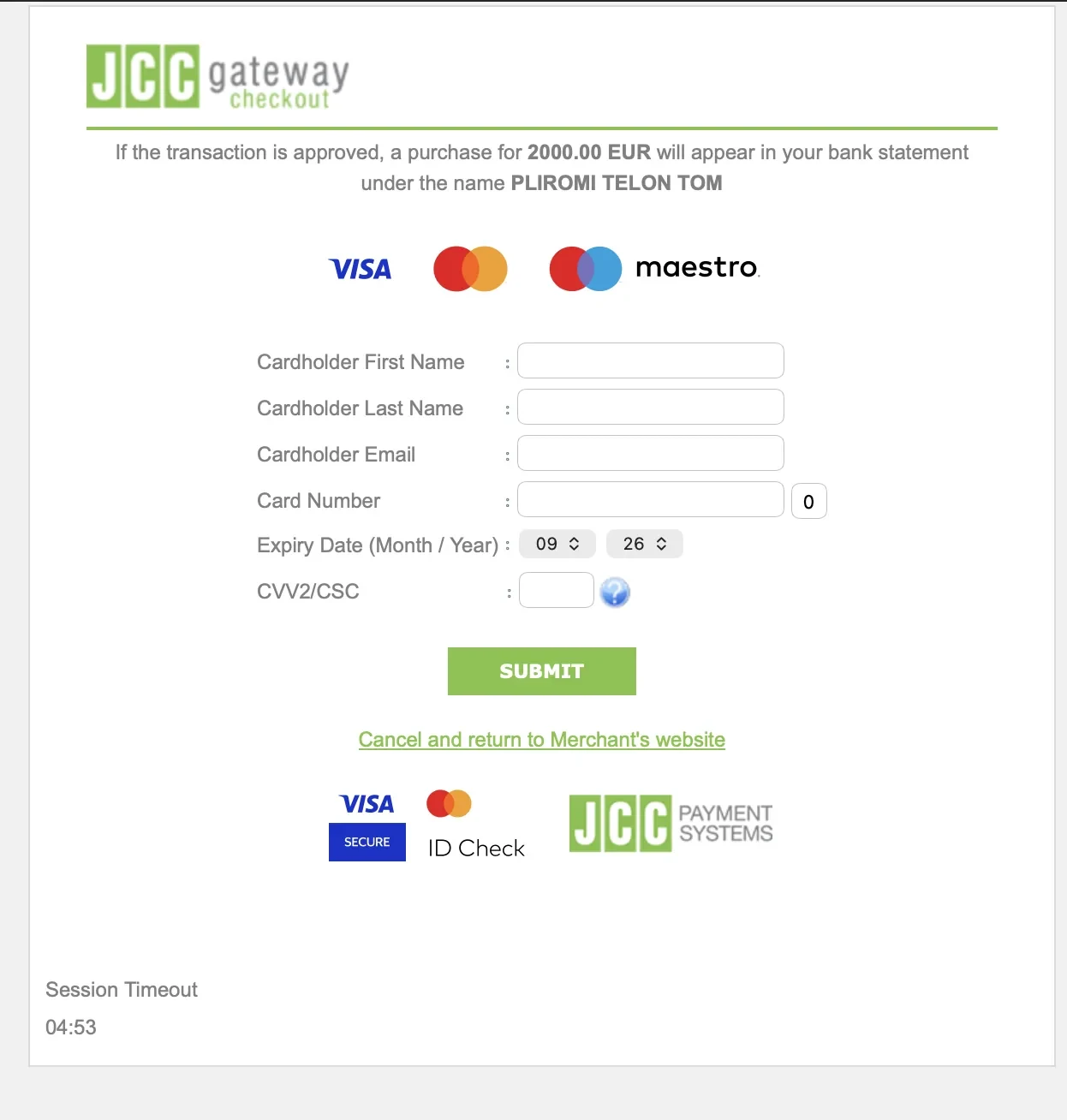 The JCC Gateway payment page showing the bid amount and the session timer.