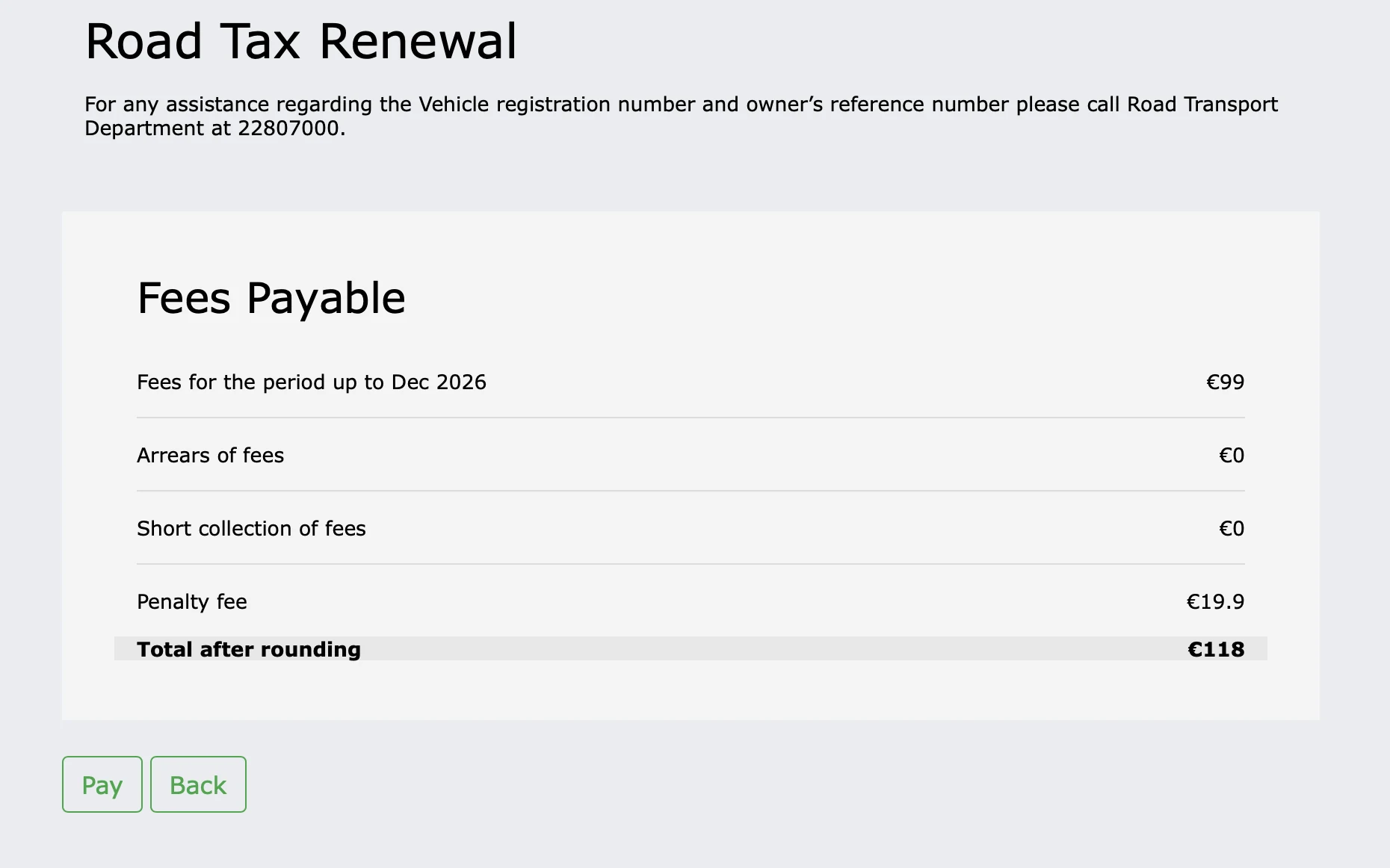Экран Fees Payable на портале RTD: сумма за период, задолженность, штраф за просрочку и итог к оплате