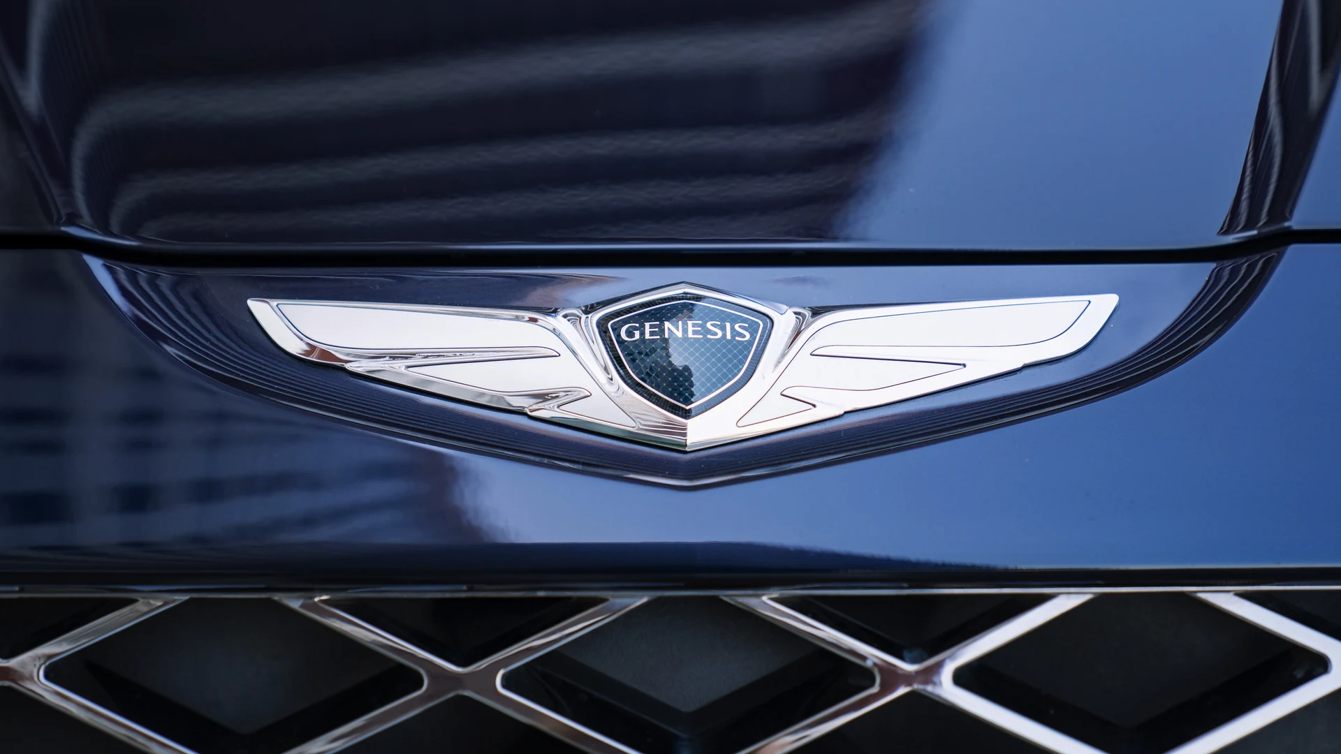 Genesis wing emblem detail on grille. Car 80