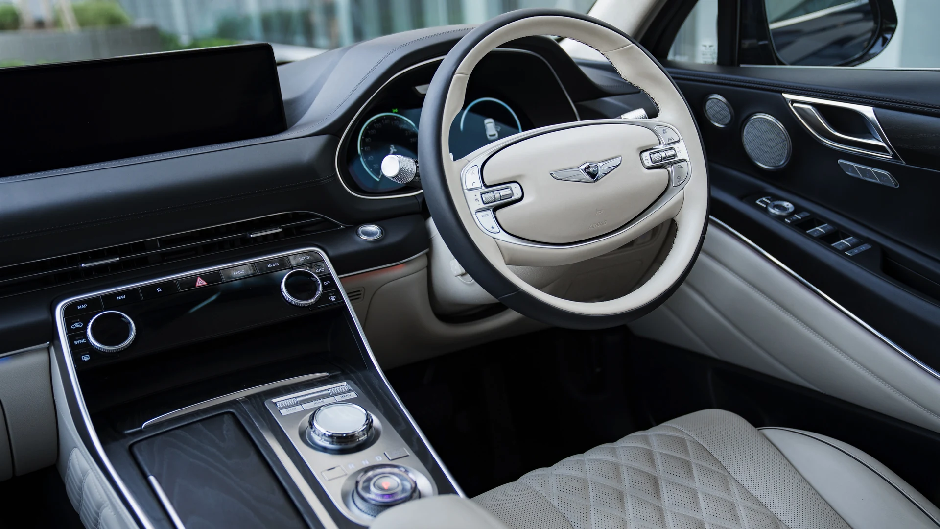 Steering wheel with Genesis emblem and 3D instrument cluster. Car 80
